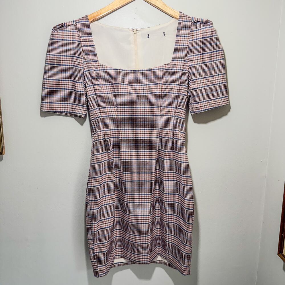 Moon River Lina Plaid Square Neck Puff Short Sleeve Sheath Mini Dress Size 0